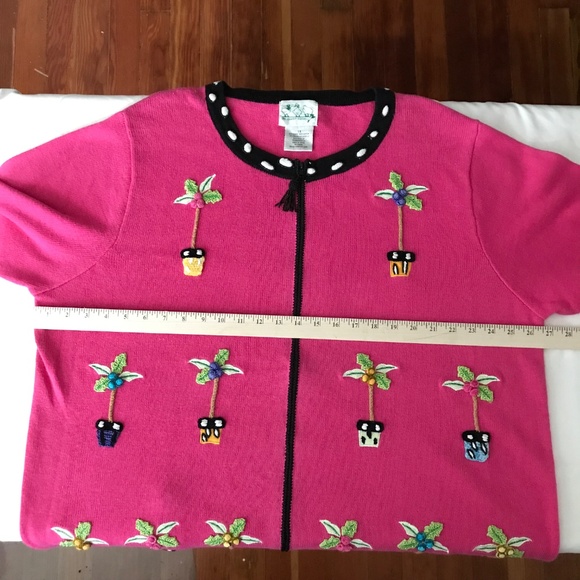 QUACKER FACTORY Zip Cardigan Sweater Whimsical Palm Tree Pink Women’s Size 1X 2X - Picture 10 of 16